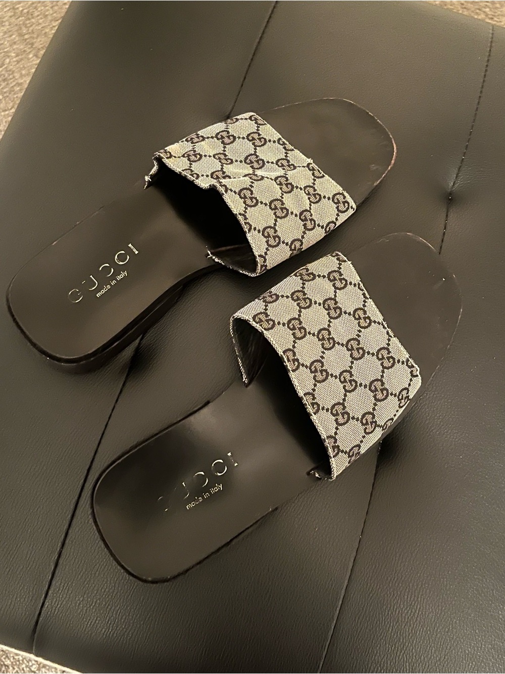 Gucci Monogram Canvas Slide Sandals in Beige and Black